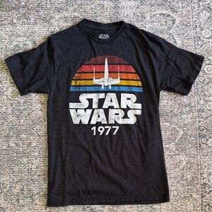 Star Wars Black Tee with Red Orange Yellow Blue Retro Graphic